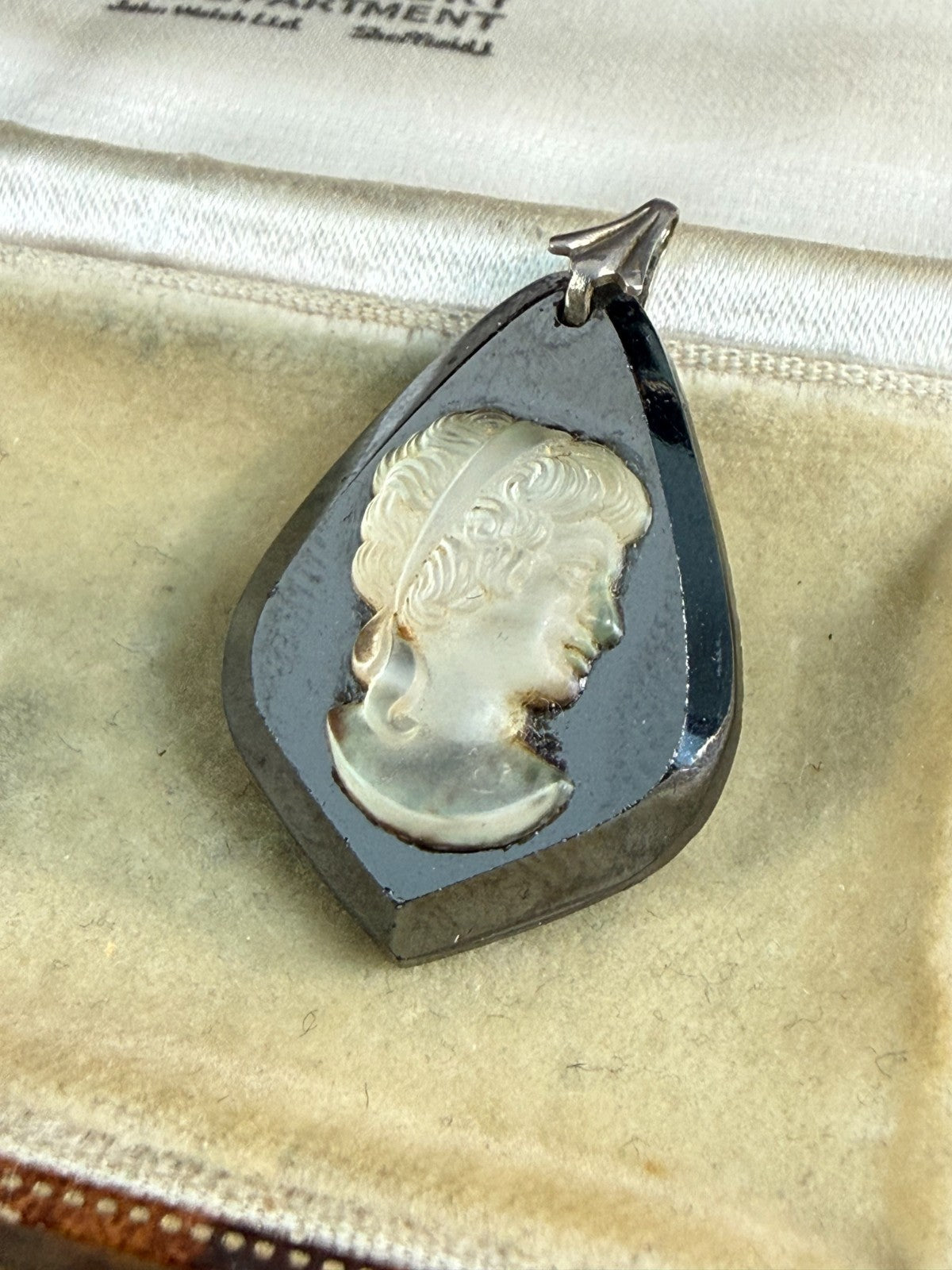 Vintage Hematite Glass Cameo Pendant Classical Female Portrait Silver Tone