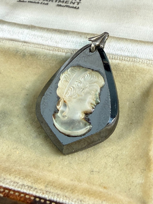 Vintage Hematite Glass Cameo Pendant Classical Female Portrait Silver Tone