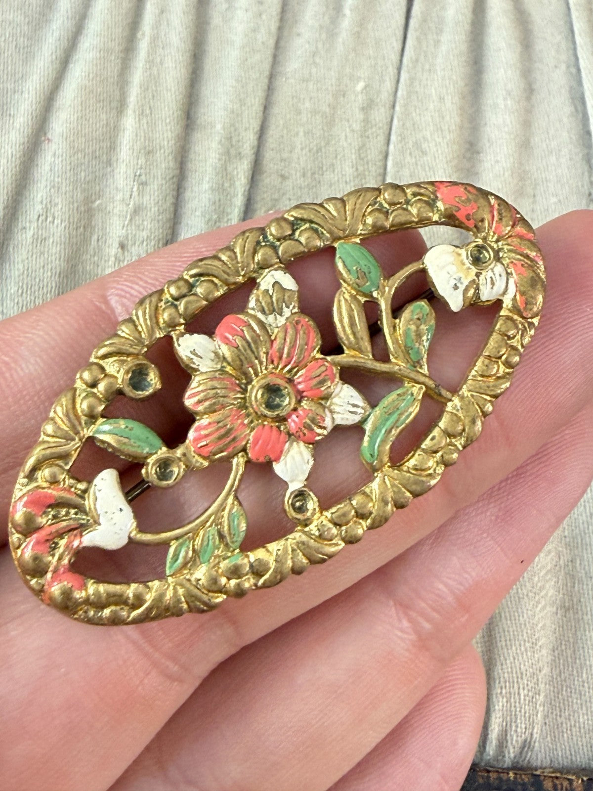 Vintage Art Deco Flower Brooch Gold Tone Oval Pin Brass Painted 1930s 1940s