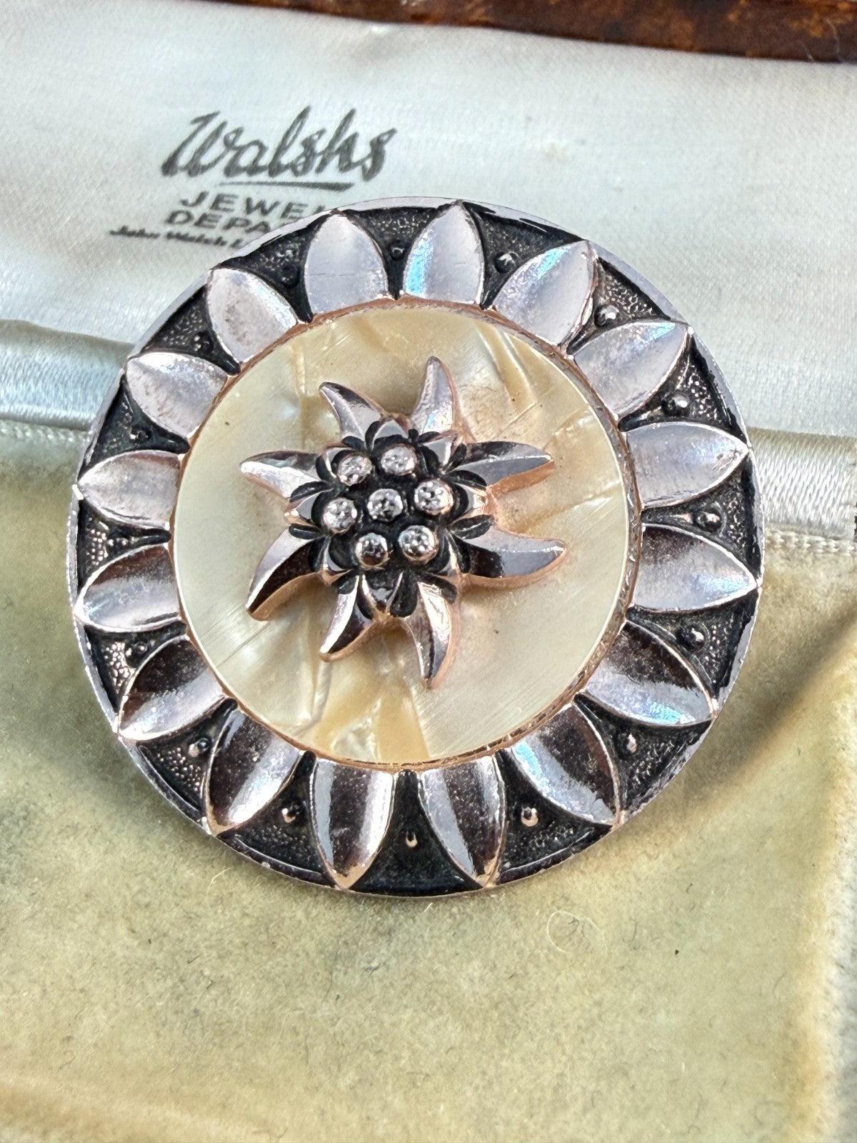 Vintage Edelweiss Scarf Clip Mother of Pearl Rose Gold Tone Alpine Flower Pin