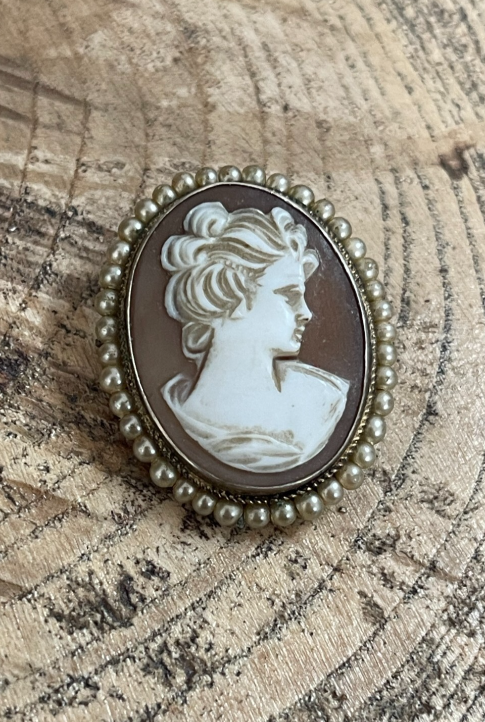 Vintage 800 Silver Gilt Shell Cameo Brooch Pin Petite Faux Seed Pearl Portrait
