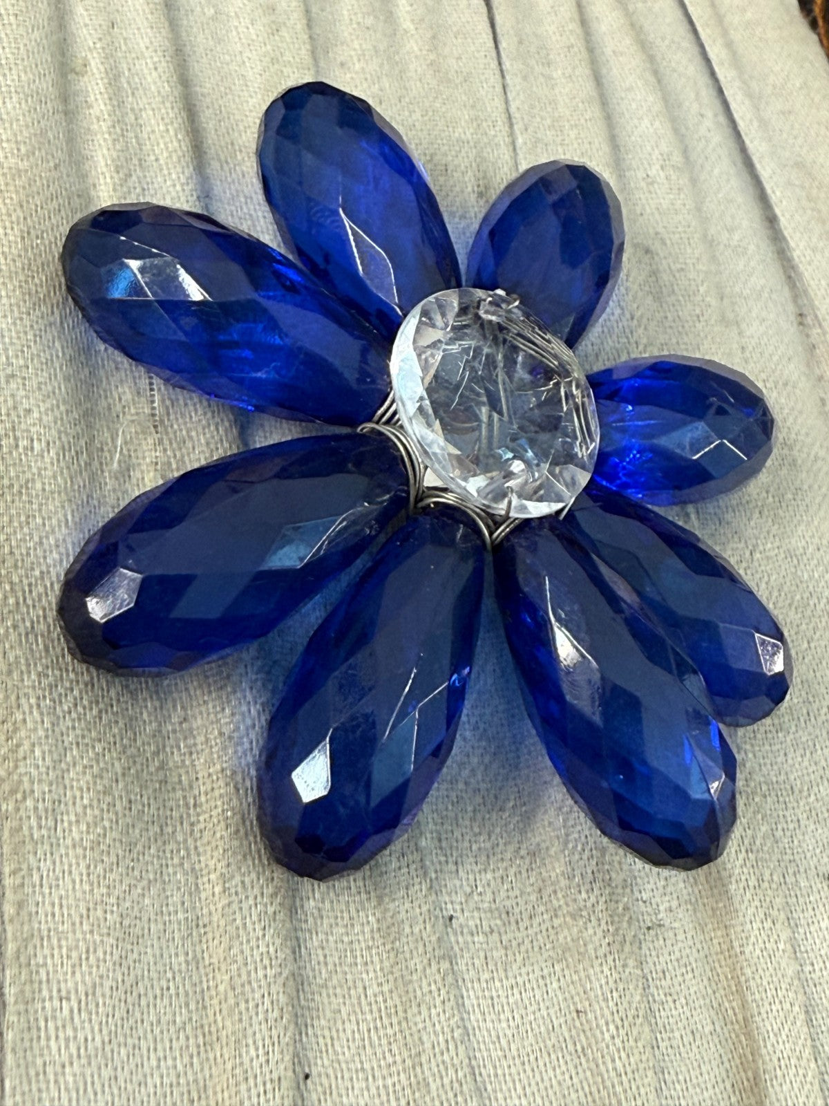 Vintage Cobalt Blue Brooch Faceted Plastic Daisy Flower Statement Pin