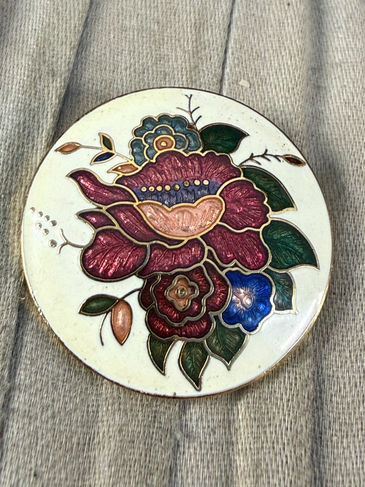 Vintage Cloisonné Enamel Floral Brooch Multicolour Flower Round Gold Tone Pin
