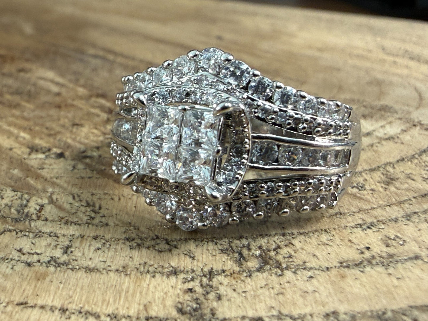 Sparkly Silver Tone Rhinestone Princess Cut Cluster Halo Bridal Ring Size U