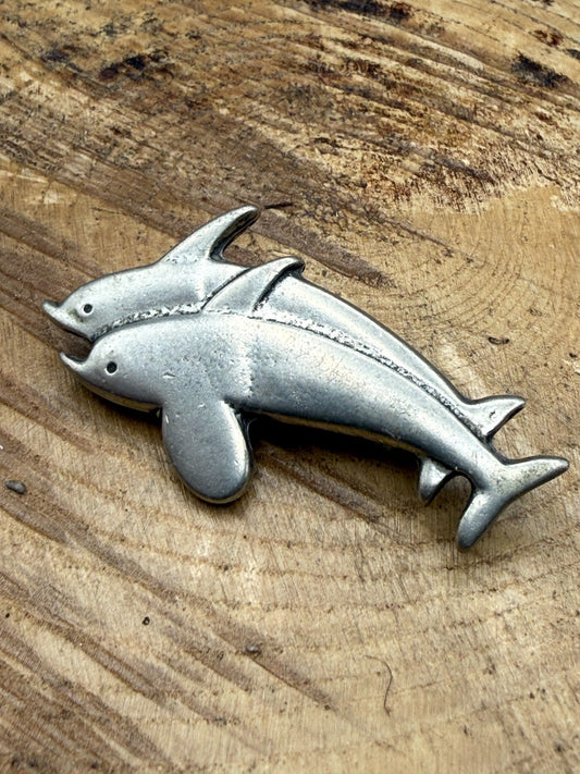 Vintage Pewter Dolphin Brooch Pin Silver Tone Pin Sealife Pair Animal Jumping