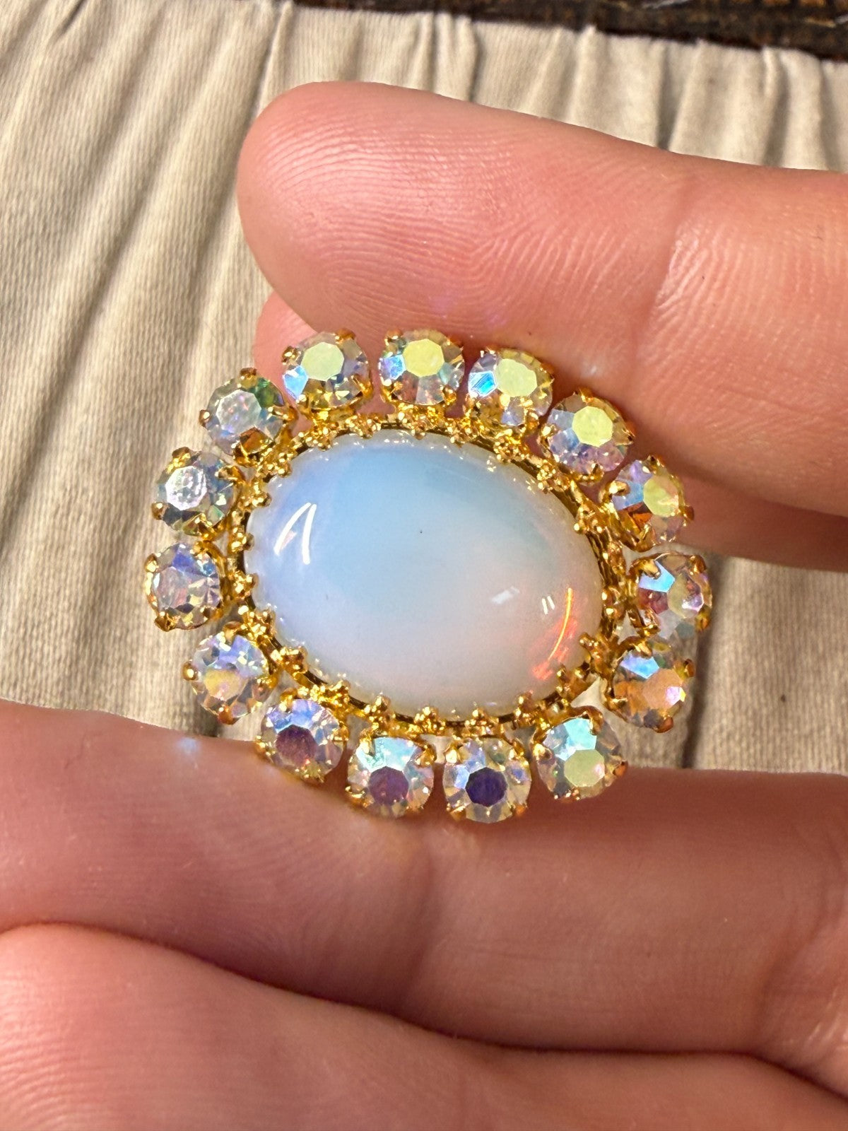 Vintage Aurora Borealis Rhinestone Brooch Gold Tone Pin Opaline Glass Cabochon