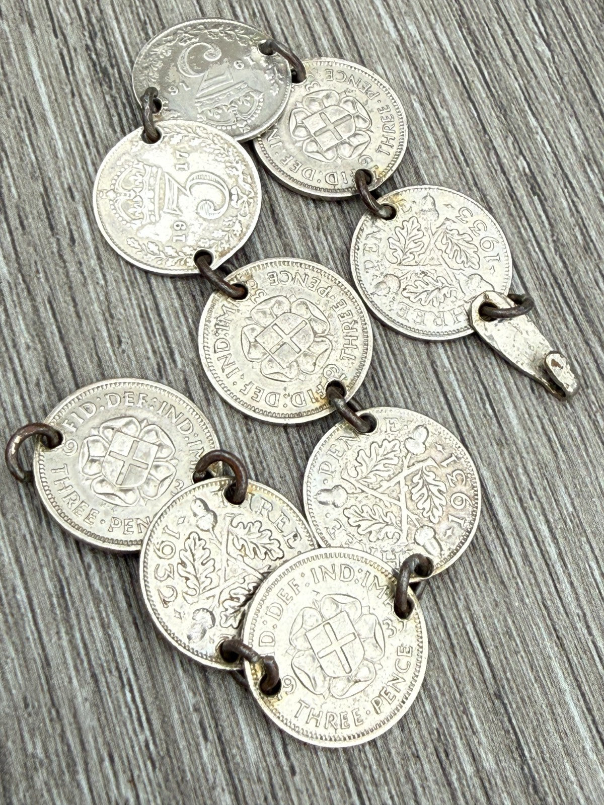 Vintage Silver Three Pence Coin Bracelet Mixed 1916-1938 Threepence 17cm Long