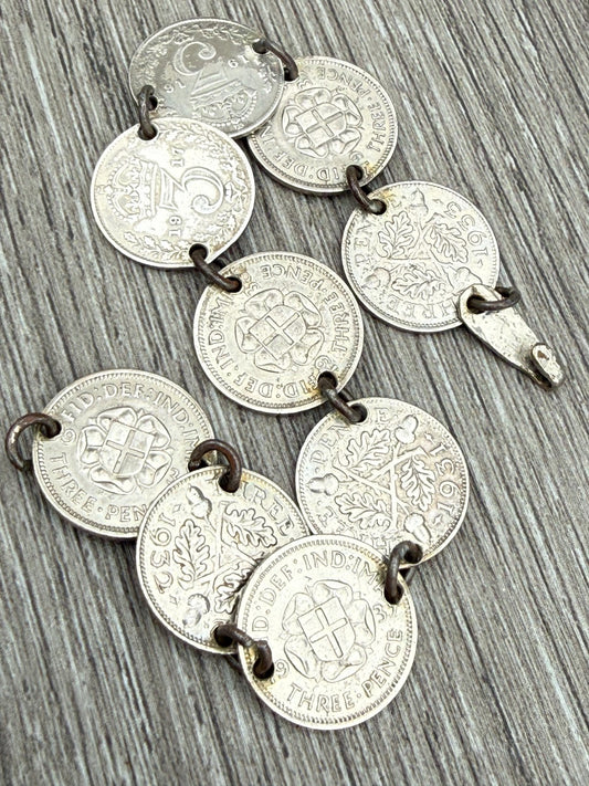 Vintage Silver Three Pence Coin Bracelet Mixed 1916-1938 Threepence 17cm Long