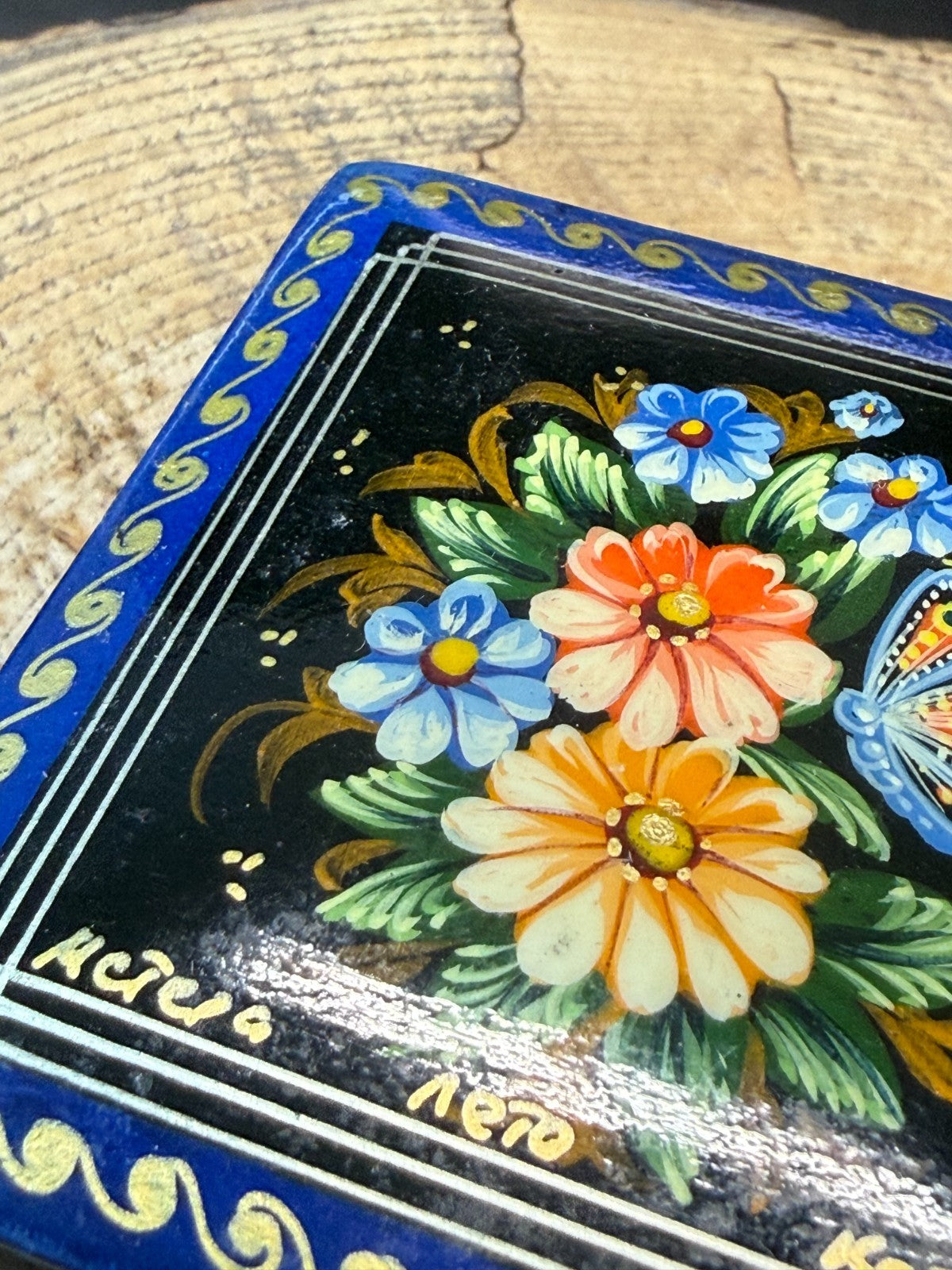 Vintage Russian Lacquered Trinket Box Hand Painted Floral Flowers Square Blue