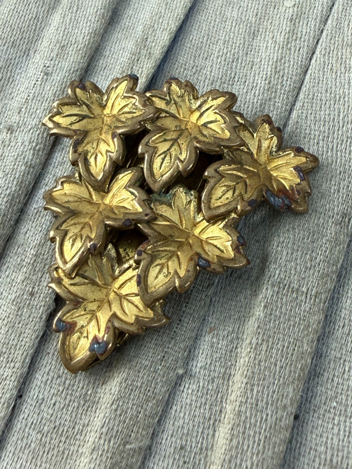Vintage Gold Tone Maple Leaf Cluster Dress Clip 1930s Art Deco Marked REG