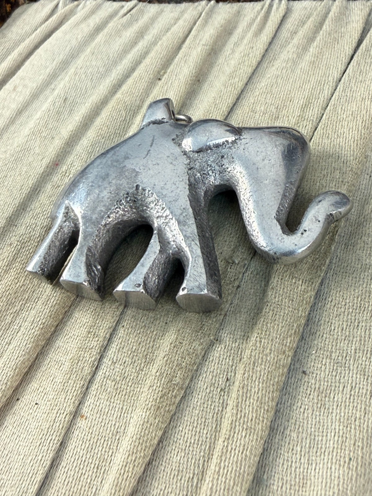 Vintage Elephant Pendant Trunk Up Lucky Charm Large Heavy Cast Silver Tone