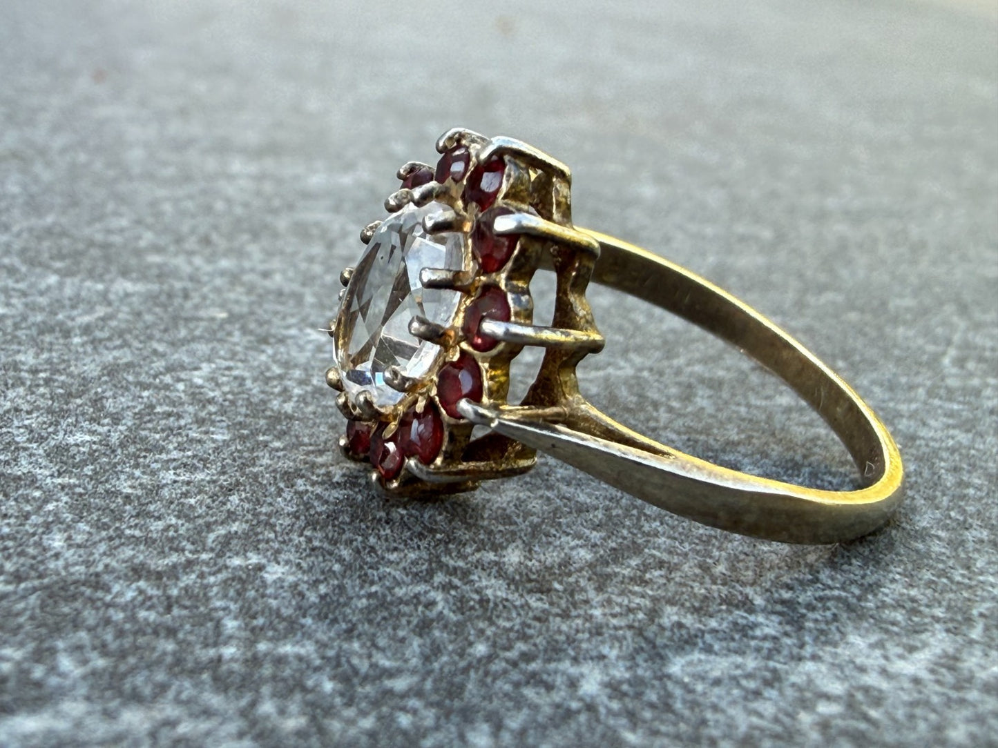 Vintage Silver Milky Quartz Ring Red Glass Rhinestone Cluster Cocktail Size M