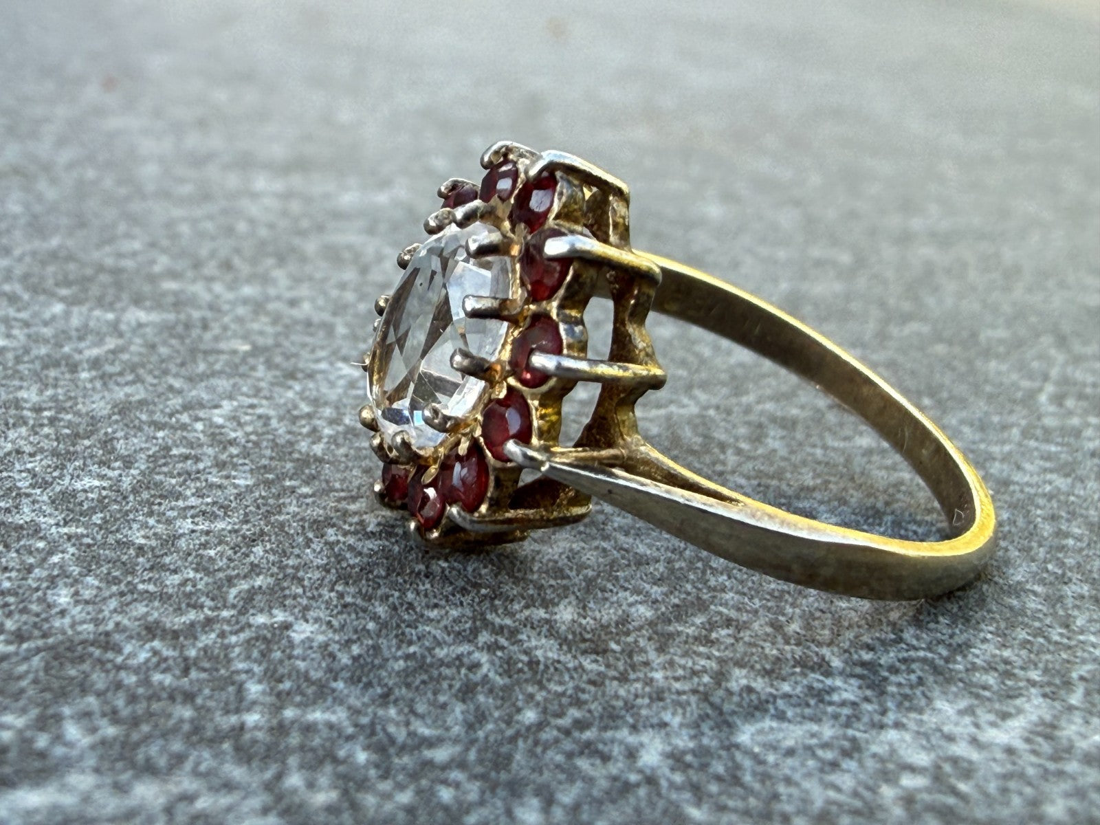 Vintage Silver Milky Quartz Ring Red Glass Rhinestone Cluster Cocktail Size M