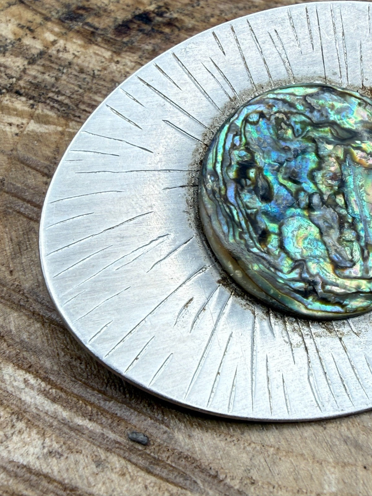 Vintage Modernist Brooch Stainless Steel Peak Sunburst Abalone Shell Pin