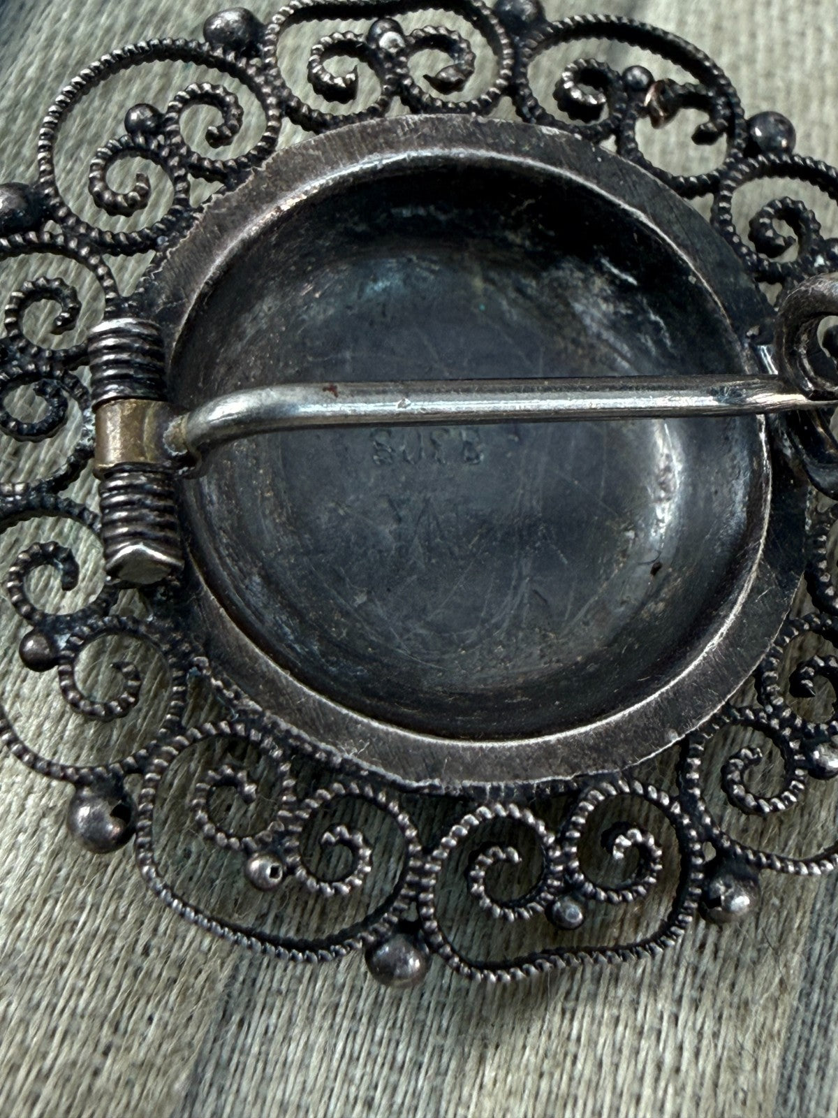 Antique Scandinavian 830 Silver Filigree Brooch Scrollwork Floral Rosette Pin