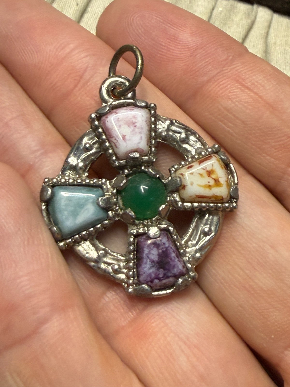 Vintage Celtic Cross Pendant Silver Tone Faux Agate Pebble Glass Colourful