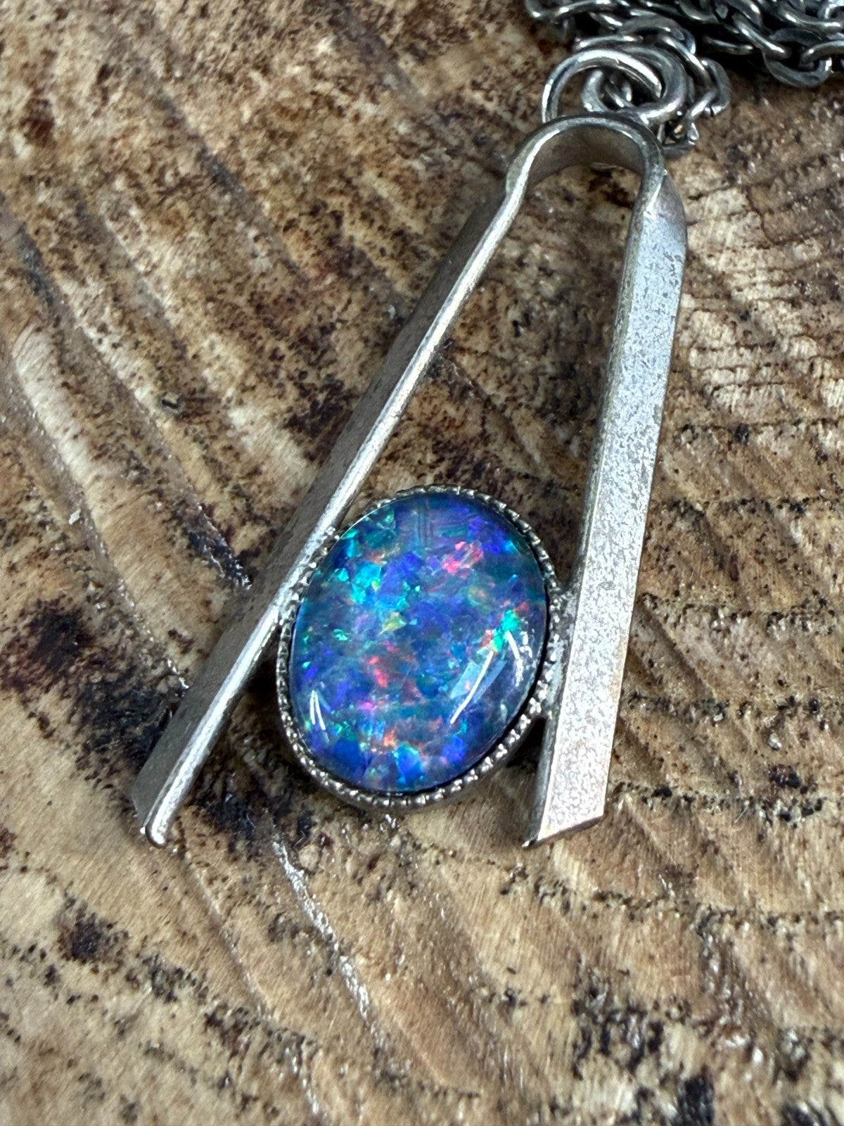 Vintage Modernist Pendant Necklace Glass Opal Simulant 1960s Dark Silver Tone