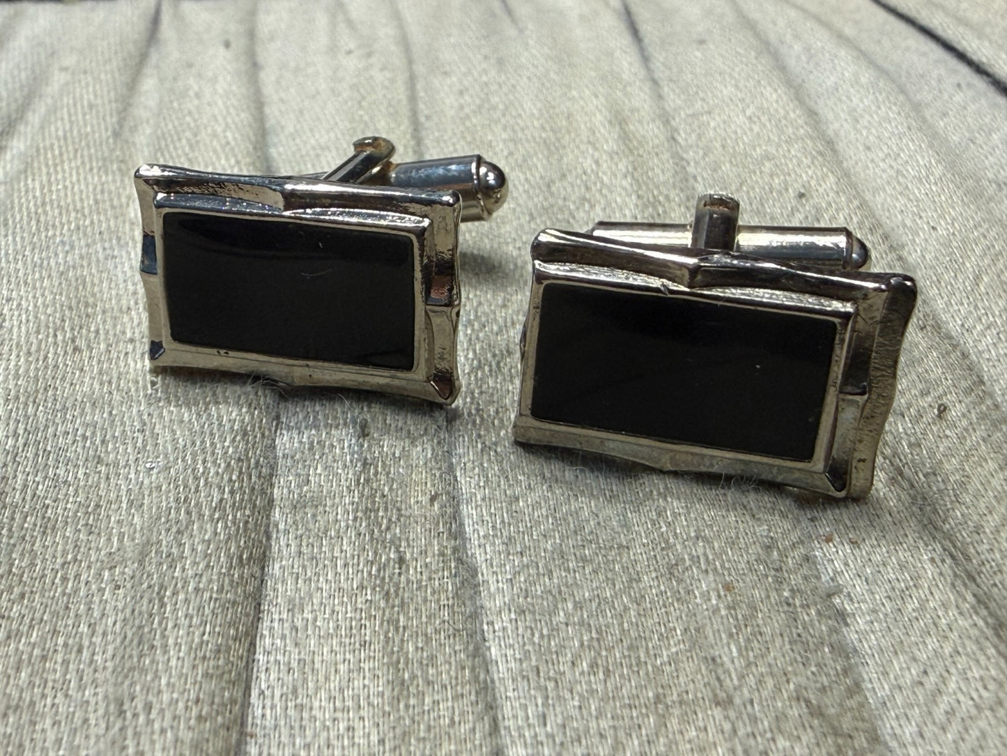Vintage Black Glass Panel Cufflinks Pale Tone Fancy Retro Mens Gents