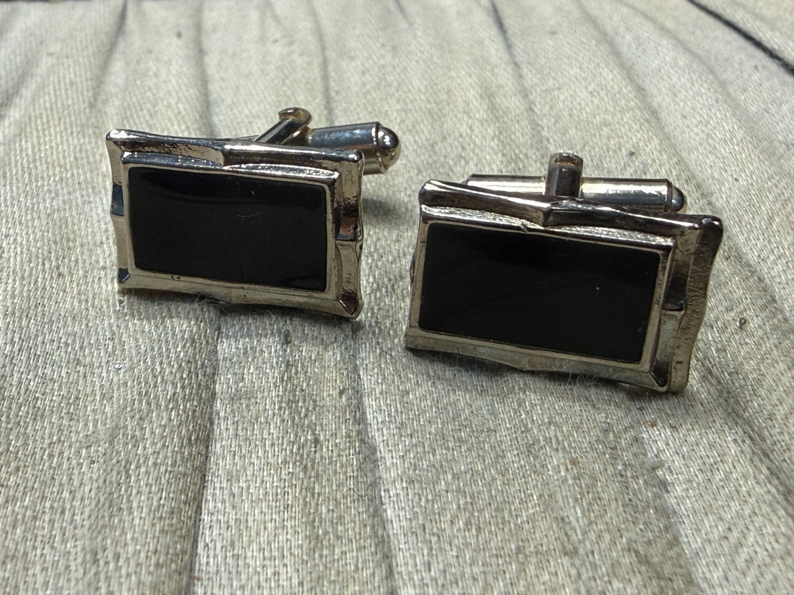 Vintage Black Glass Panel Cufflinks Pale Tone Fancy Retro Mens Gents