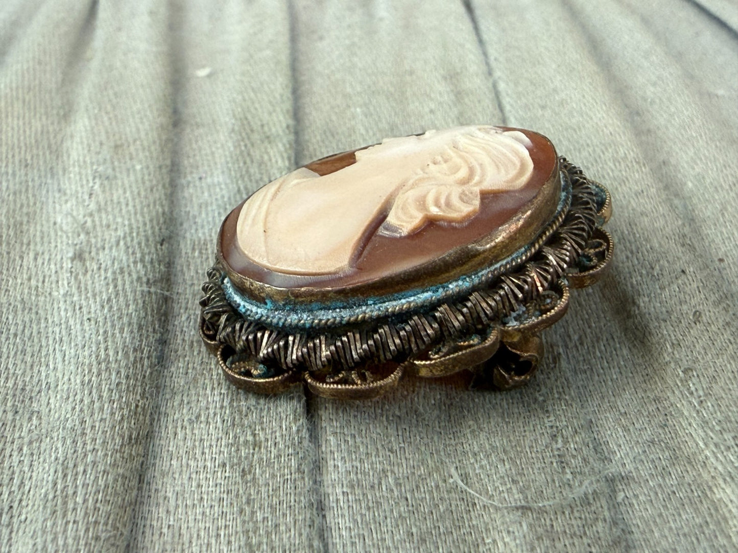 Vintage Shell Cameo Brooch Pendant Female Portrait Gold Tone Pin Mid Century