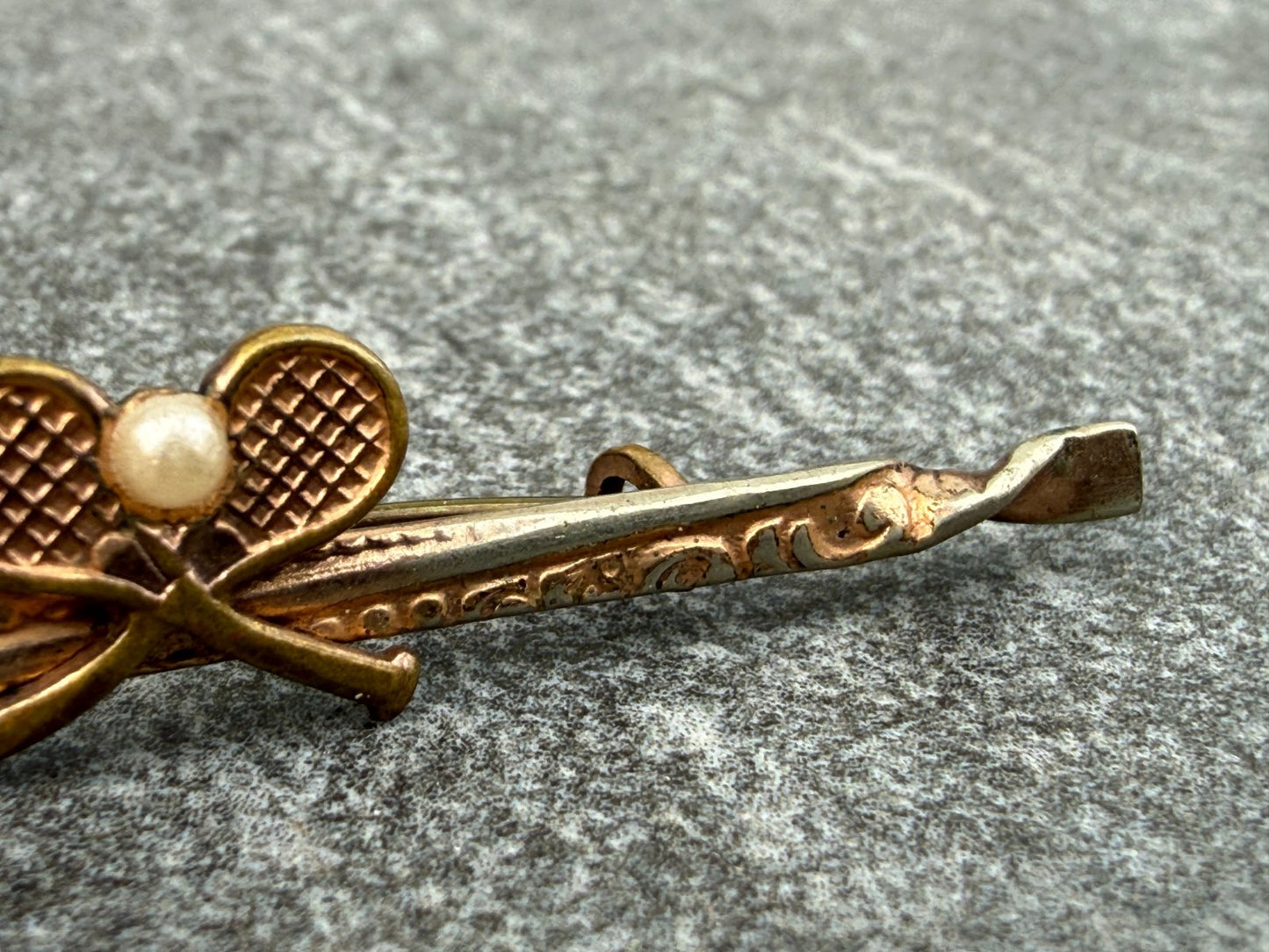 Antique Tennis Bar Brooch Rose Gold Tone Faux Pearl Sports Racquet Padel Gift