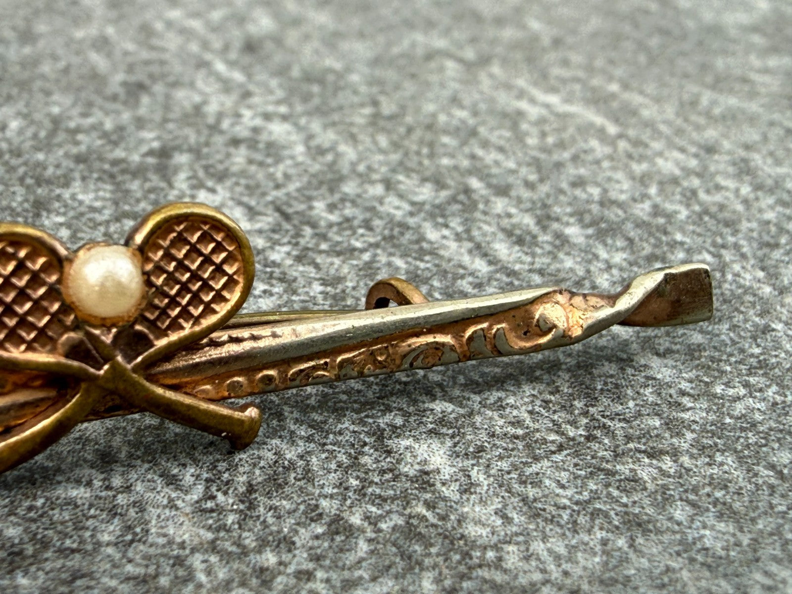 Antique Tennis Bar Brooch Rose Gold Tone Faux Pearl Sports Racquet Padel Gift