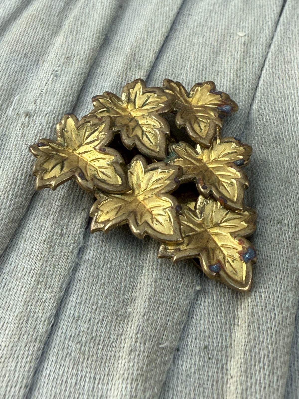 Vintage Gold Tone Maple Leaf Cluster Dress Clip 1930s Art Deco Marked REG