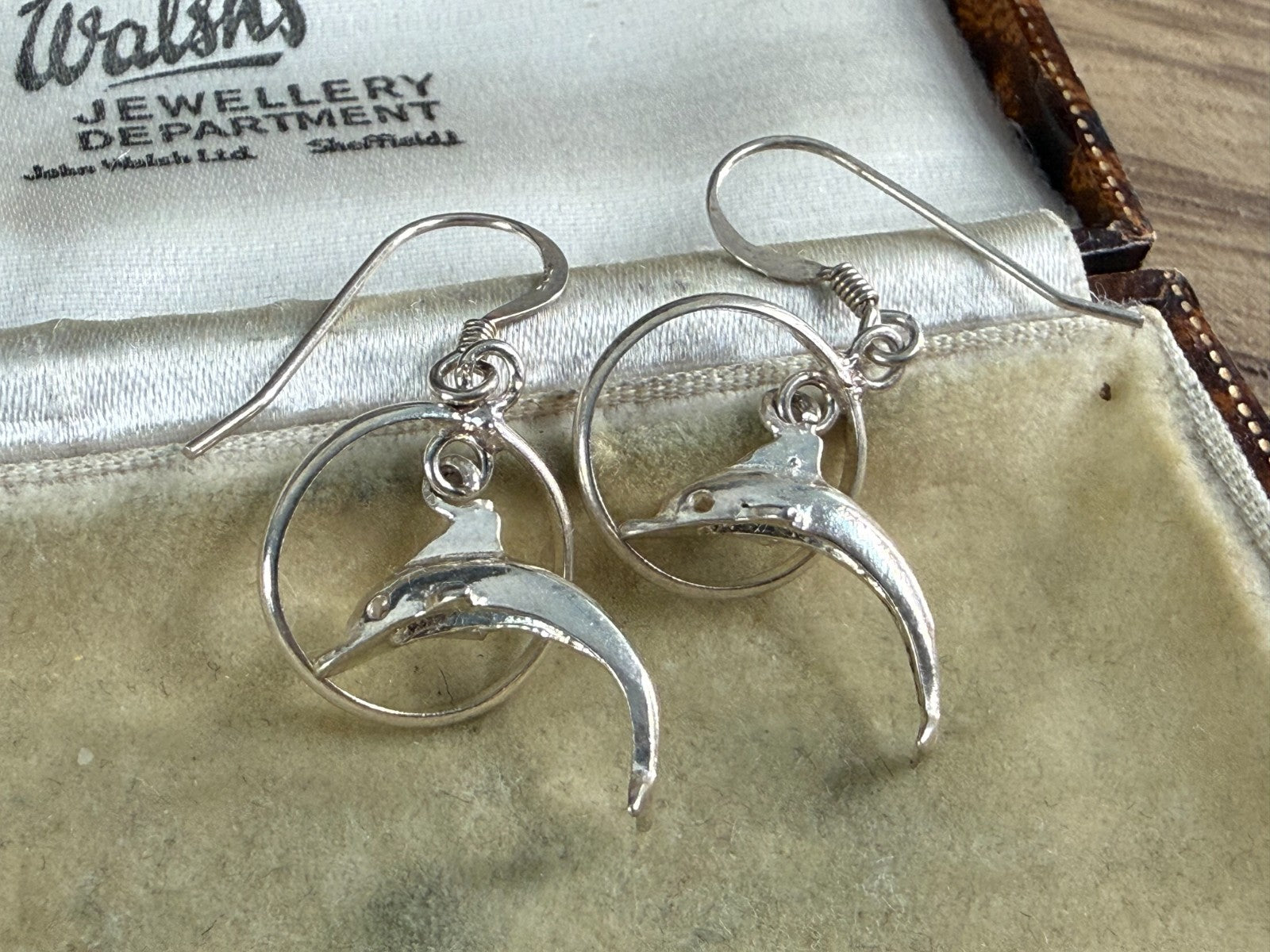 Sterling Silver 925 Dolphin Hoop Drop Earrings Retro Novelty Fish Hook Dangle