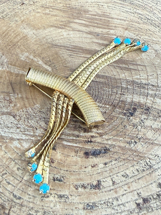 Vintage Gold Tone Snake Chain Tassel Brooch Turquoise Glass Tipped Ends Pin