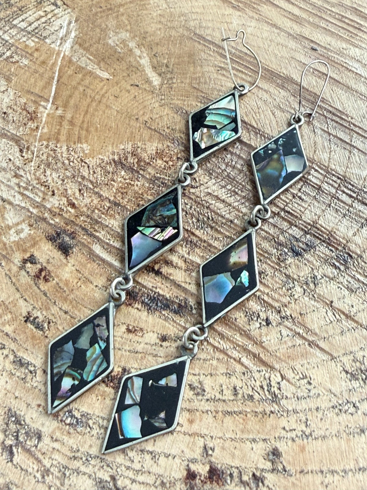 Vintage Silver Tone Abalone Shell Mosaic Drop Earrings Black Diamond Dangle