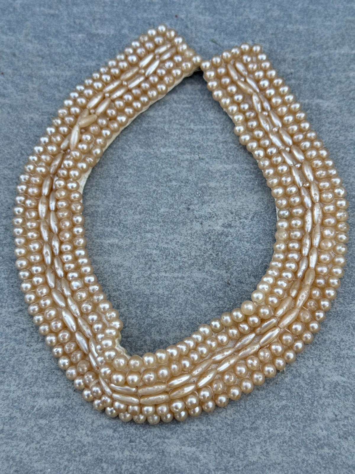 Vintage Cream Faux Pearl Flapper Necklace Collar Bib Style Fabric Mid Century