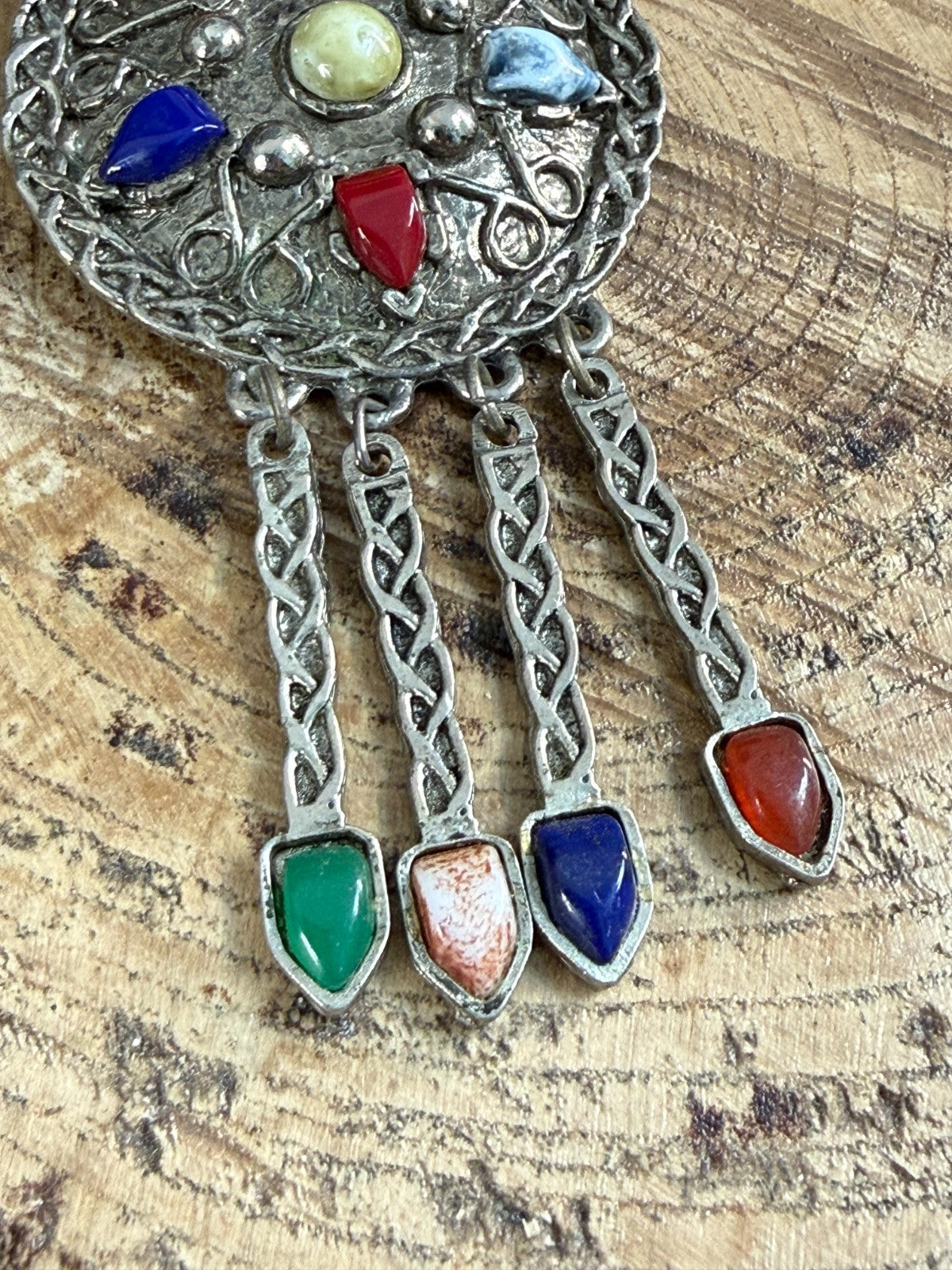 Vintage Silver Tone Celtic Knotwork Disc Pendant Necklace Multicolour Glass