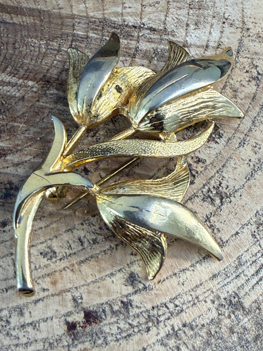 Vintage Flower Brooch Gold Tone Pin Floral Tulip Pin Bouquet 1960s 1970s