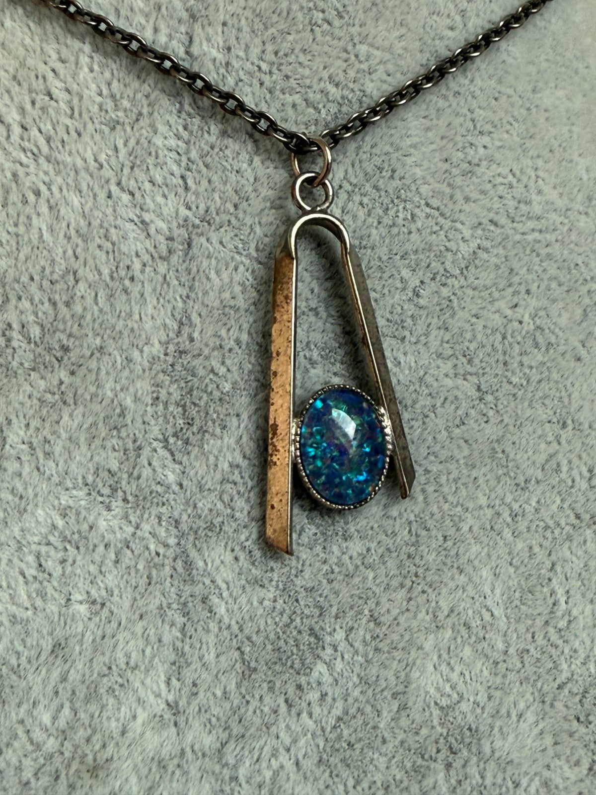Vintage Modernist Pendant Necklace Glass Opal Simulant 1960s Dark Silver Tone
