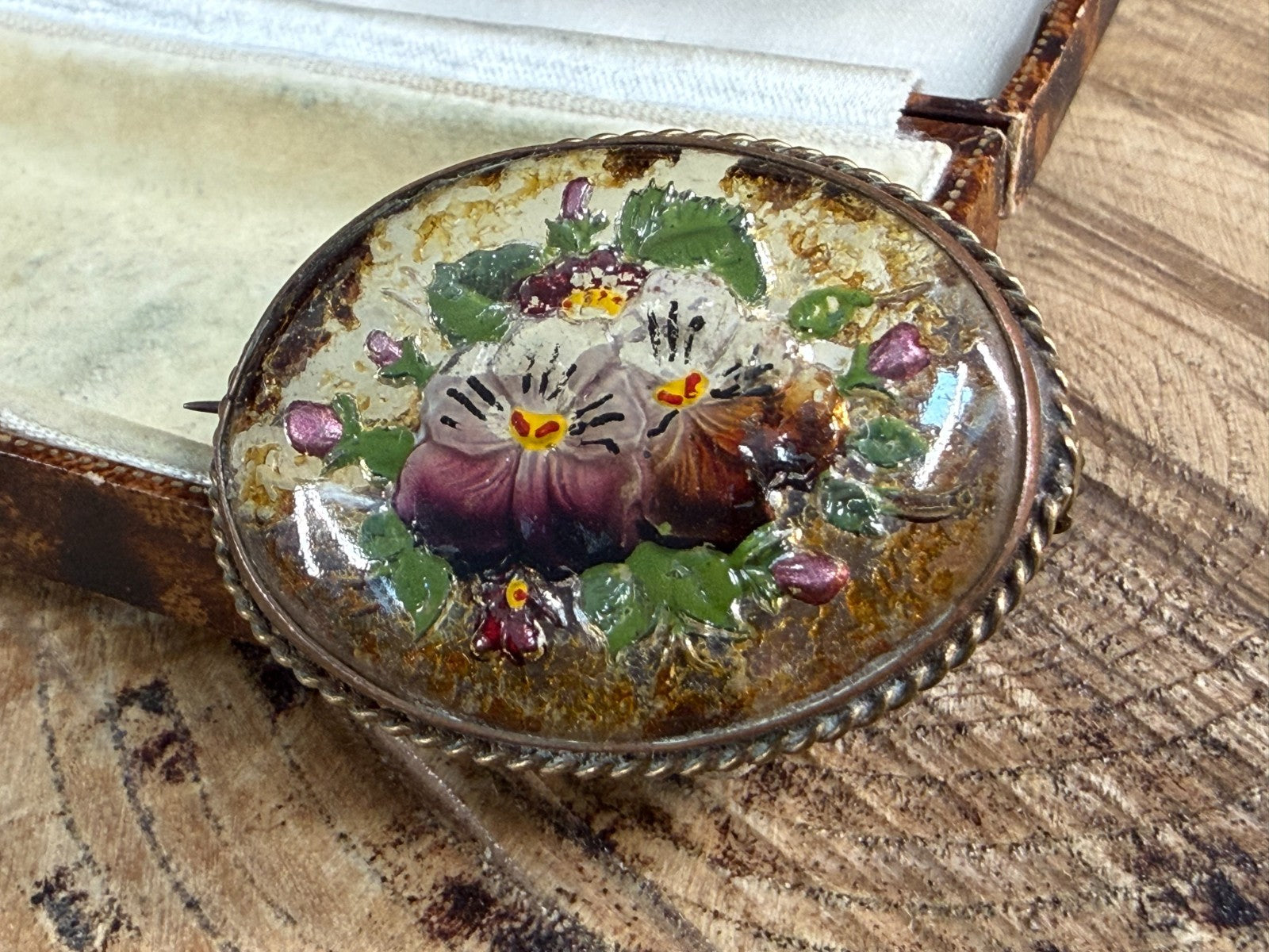 Antique Goofus Glass Pansy Brooch Floral Oval Gold Tone Painted Victorian