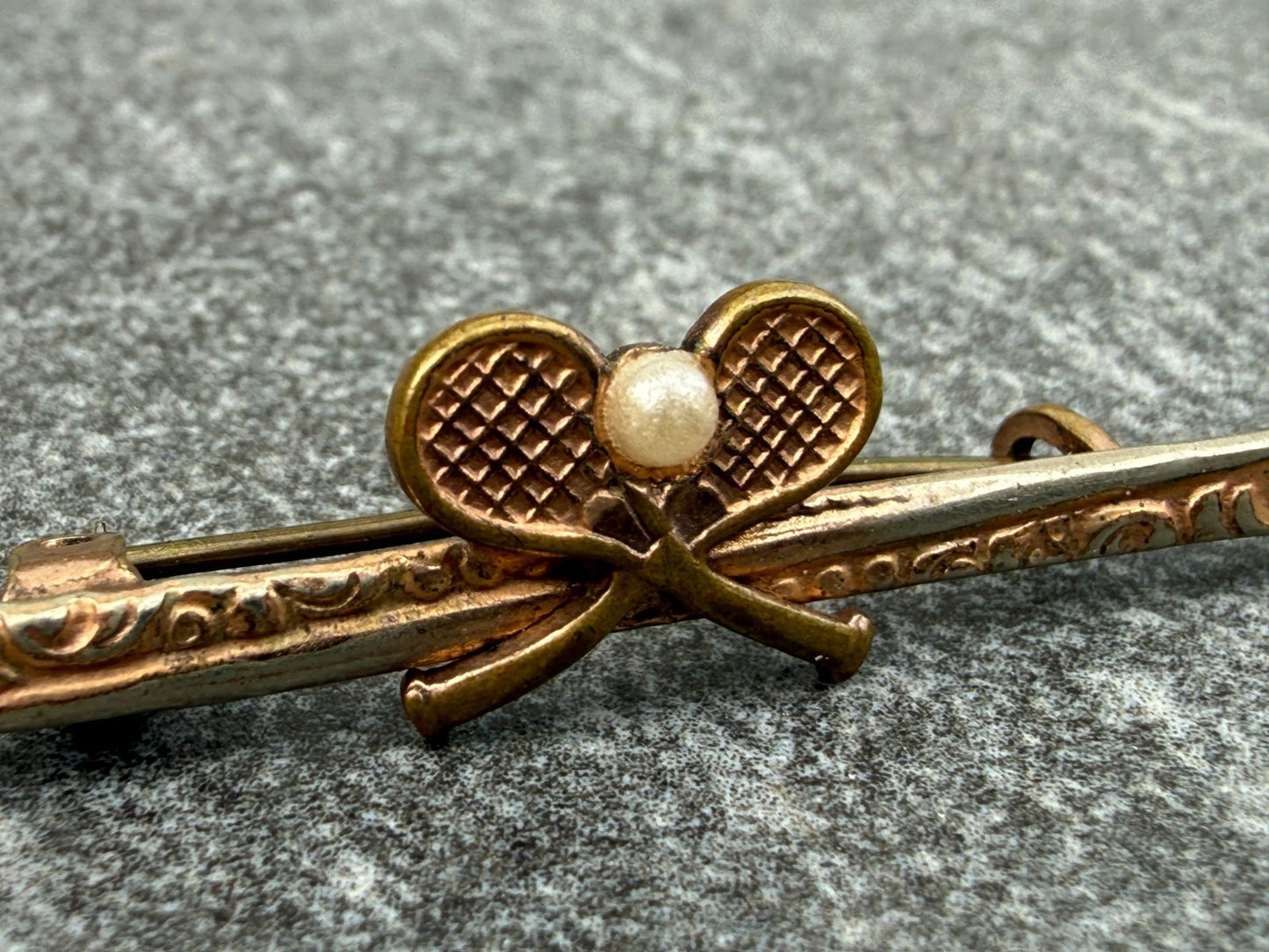 Antique Tennis Bar Brooch Rose Gold Tone Faux Pearl Sports Racquet Padel Gift