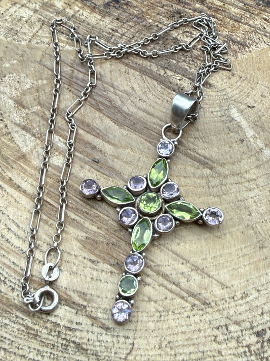 Vintage Sterling Silver Amethyst & Peridot Cross Necklace, Suffragette Colours