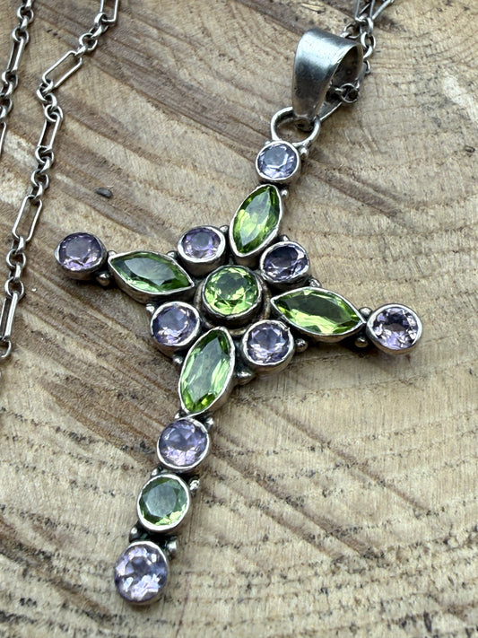 Vintage Sterling Silver Amethyst & Peridot Cross Necklace, Suffragette Colours