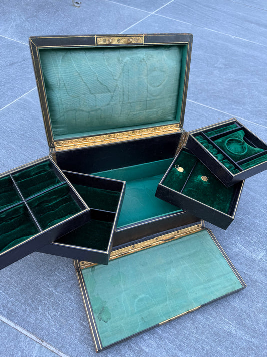 Large Victorian Green Velvet Travelling Jewellery Box