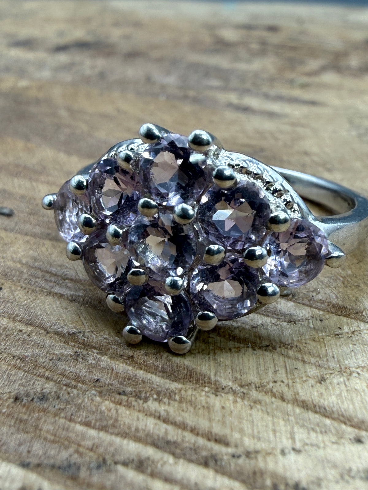 Vintage Sterling Silver Pale Amethyst Cluster Ring, Signed TGGC