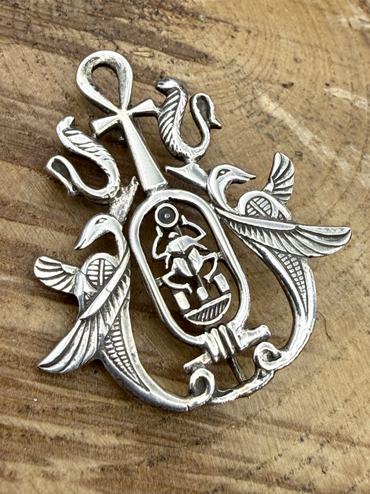 Vintage Egyptian Revival Tutankhamun Silver Brooch