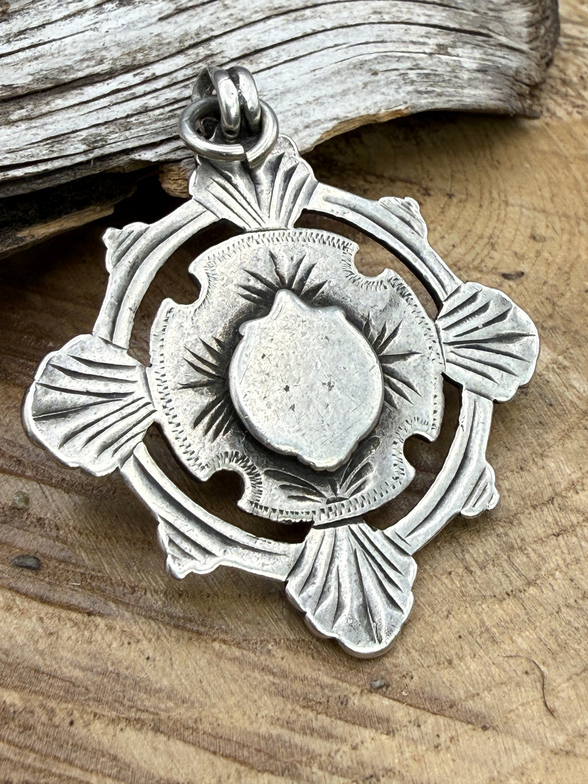 Antique Sterling Silver Watch Fob Pendant With Rose Gold Cartouche
