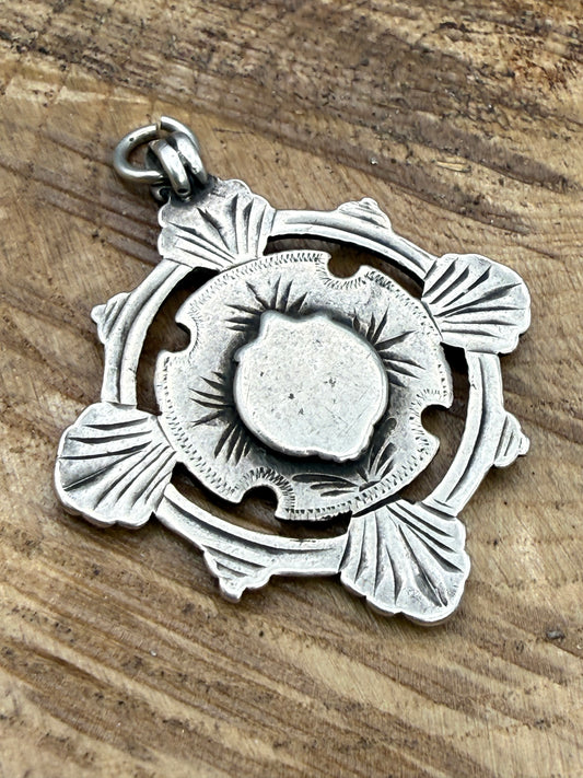 Antique Sterling Silver Watch Fob Pendant With Rose Gold Cartouche