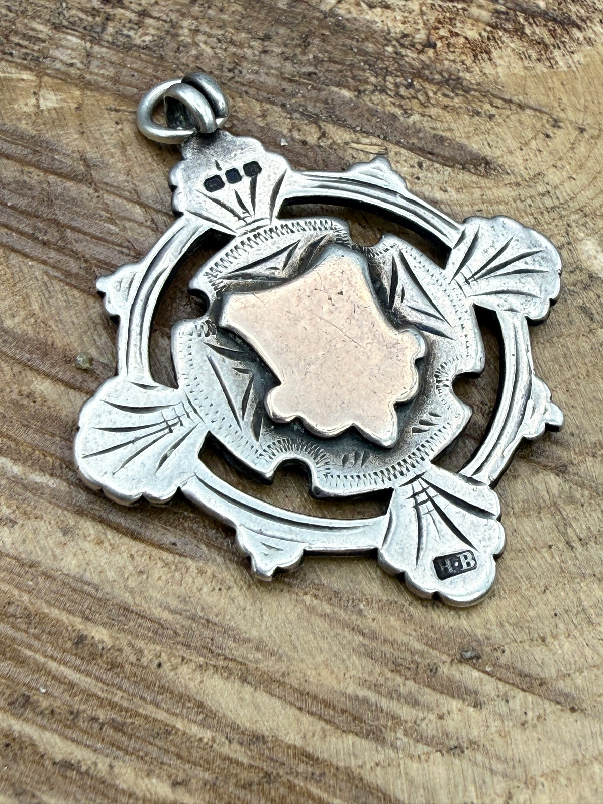 Antique Sterling Silver Watch Fob Pendant With Rose Gold Cartouche