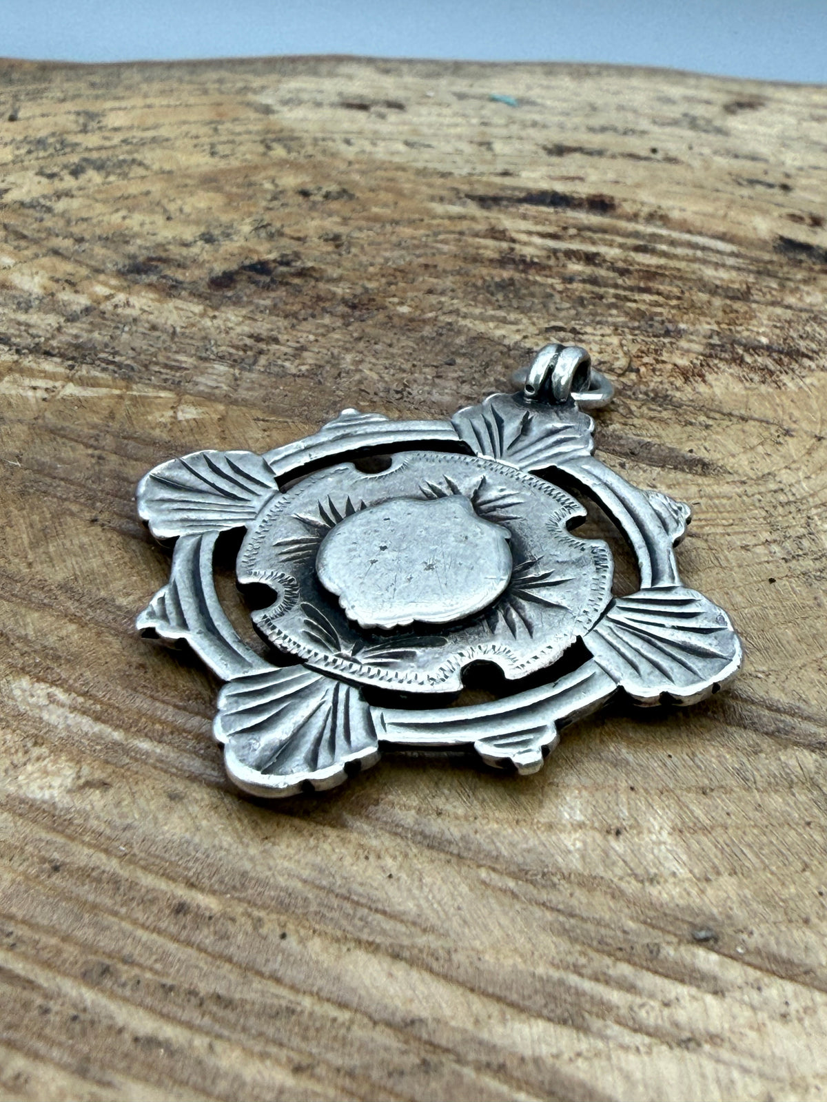 Antique Sterling Silver Watch Fob Pendant With Rose Gold Cartouche