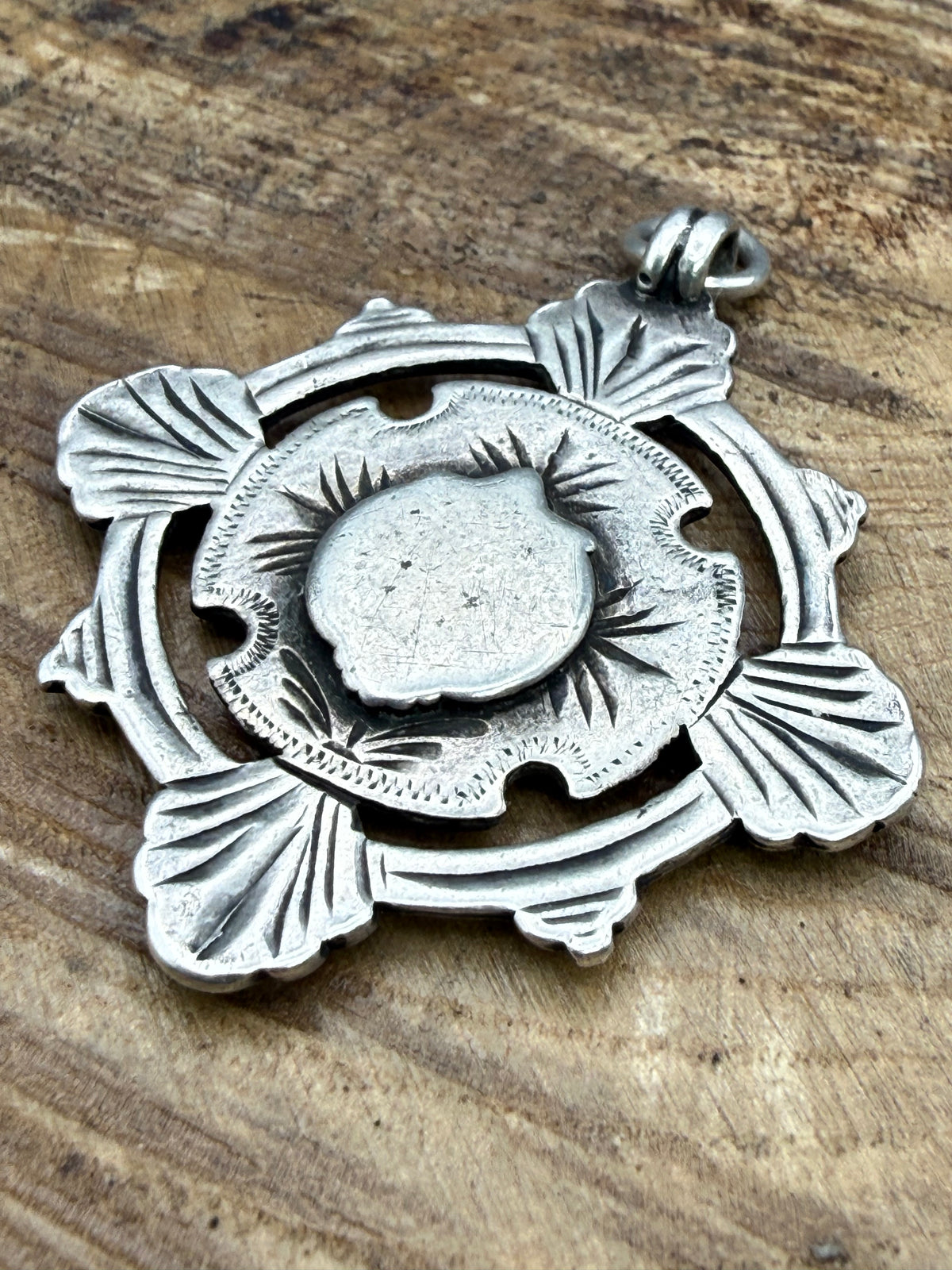 Antique Sterling Silver Watch Fob Pendant With Rose Gold Cartouche