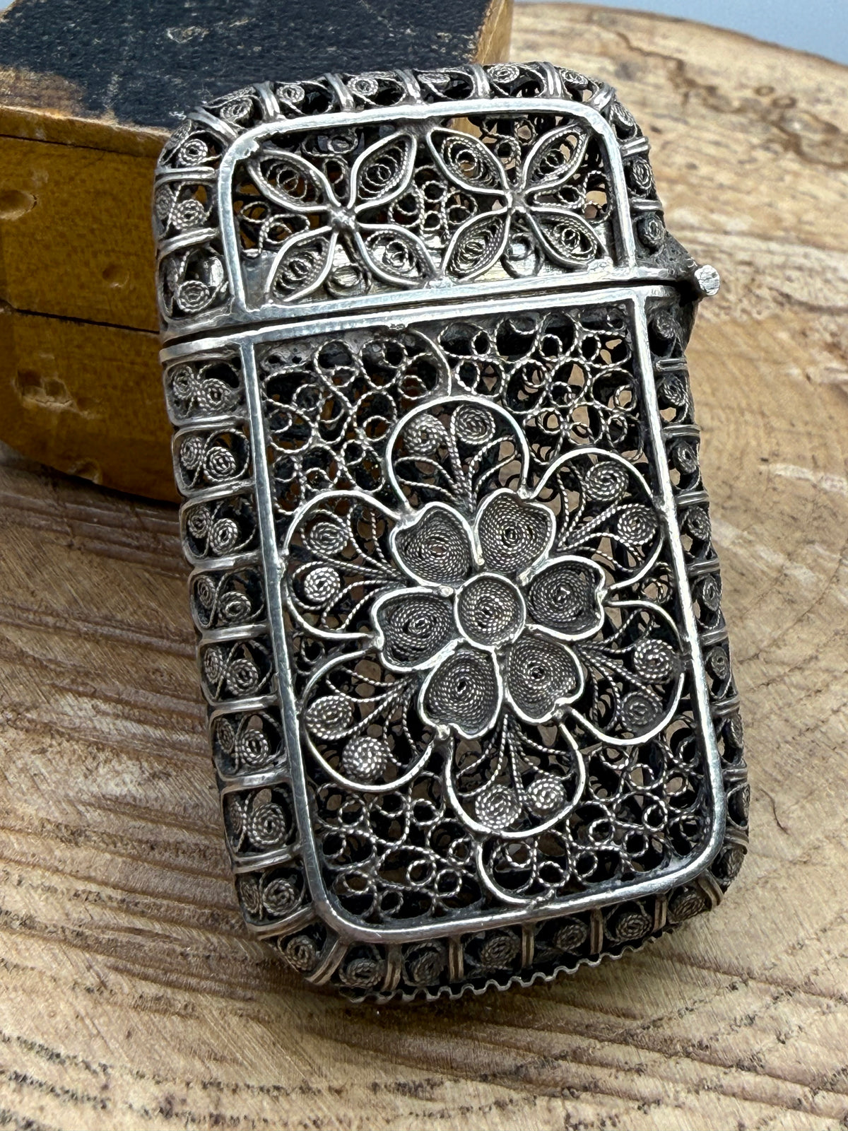Antique Continental Silver Filigree Vesta Case