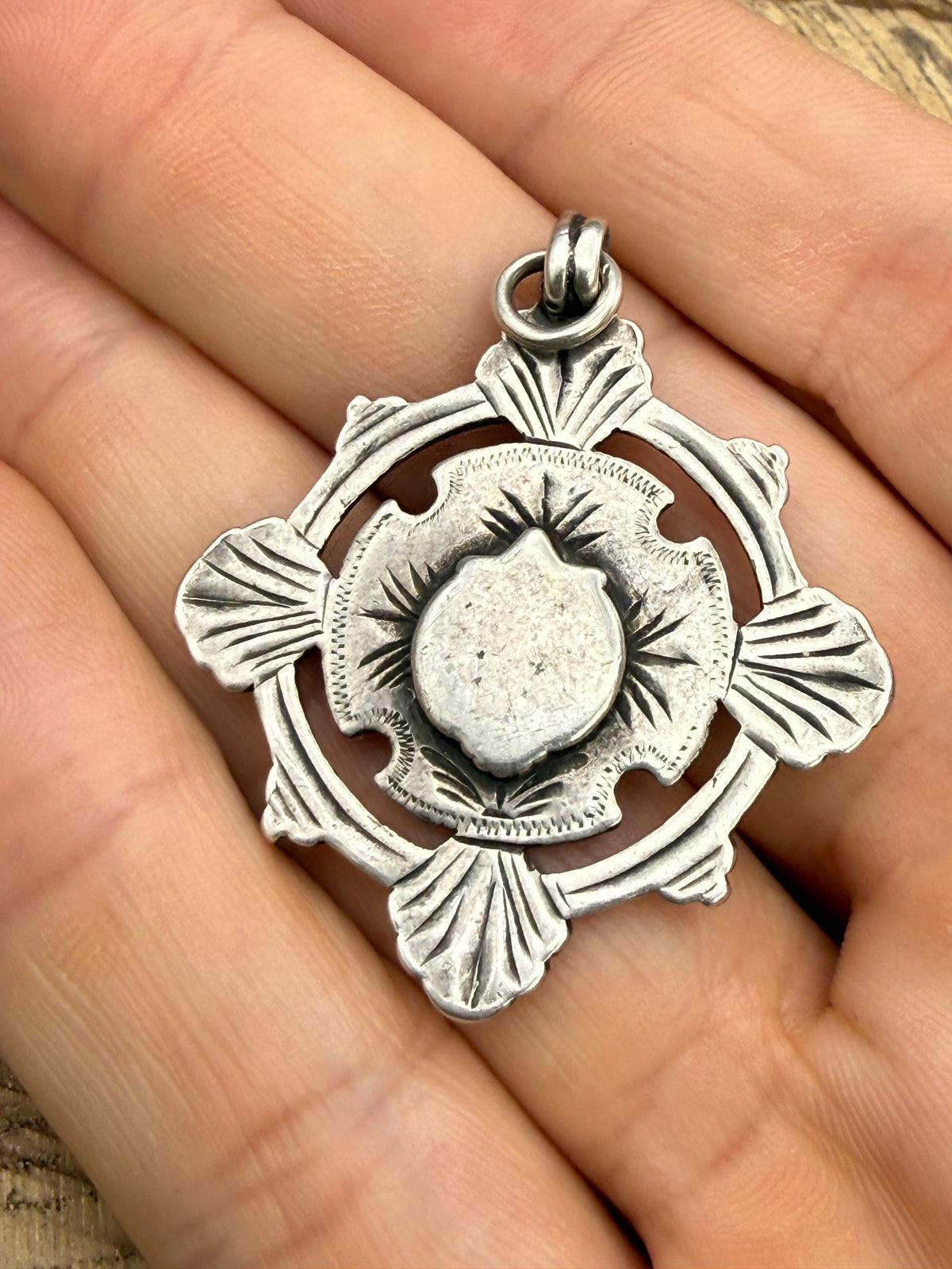 Antique Sterling Silver Watch Fob Pendant With Rose Gold Cartouche