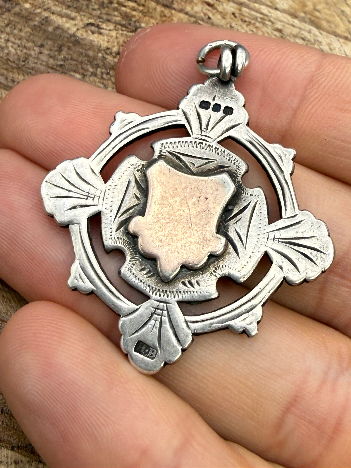 Antique Sterling Silver Watch Fob Pendant With Rose Gold Cartouche