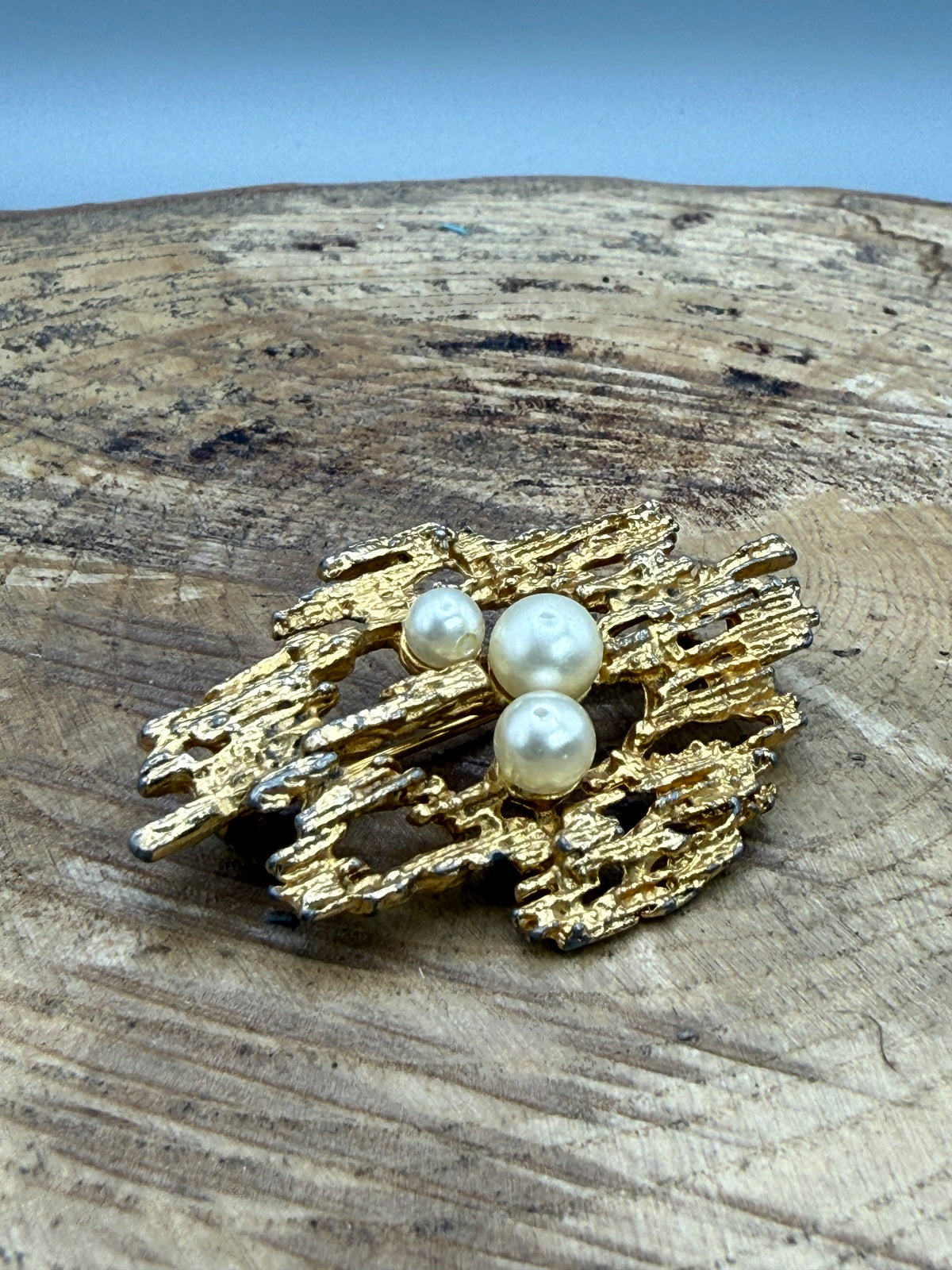 Vintage Brutalist Brooch with Faux Pearls